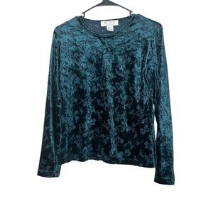 Vintage Petite Sophisticate Green Velvet Semi Sheer long Sleeve Top Size S
